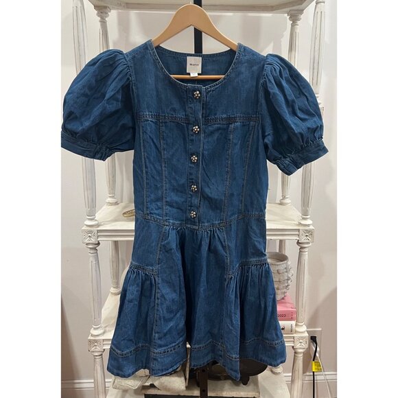 Anthropologie Maeve Puff-Sleeve Tiered Denim Mini Dress Size 8 Pearl Buttons - Picture 2 of 4